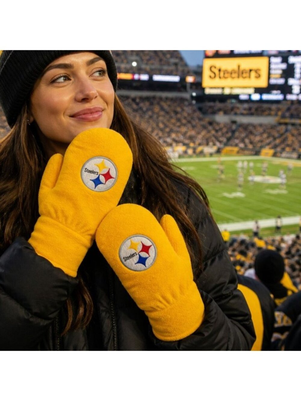 Pittsburgh Steelers Mittens Yellow Fleece Oversized NFL Winter Gloves Football